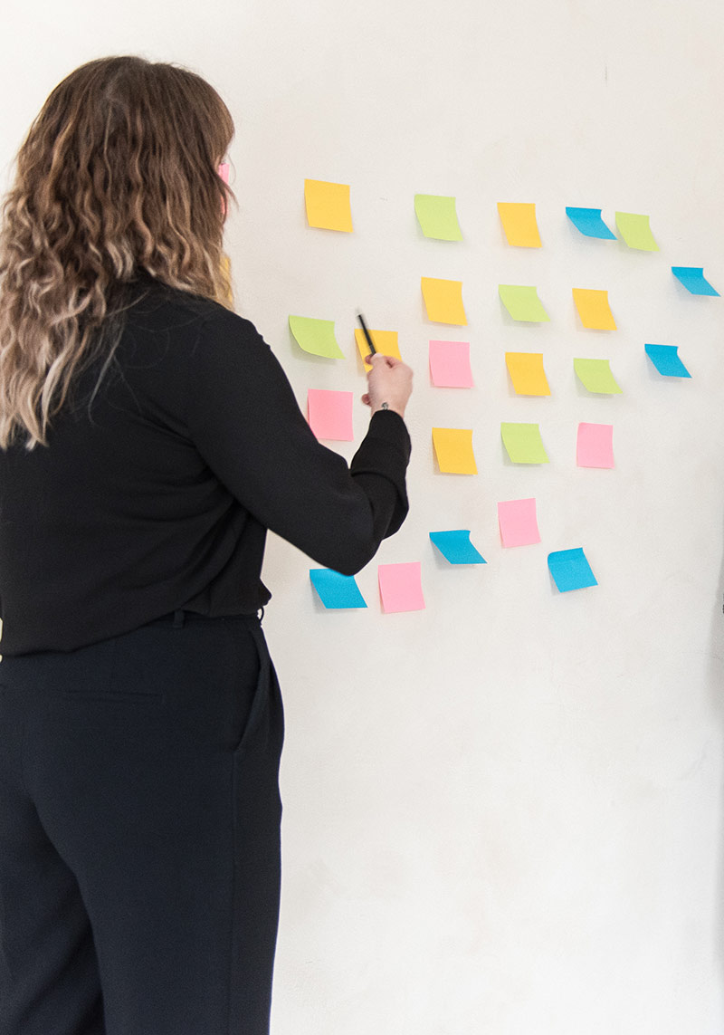 minerva bc standing woman sharing ideas on post its on wall